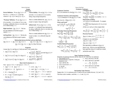 Calculus Cheat Sheet Limits Calculus Cheat Sheet Visit tutorial.math