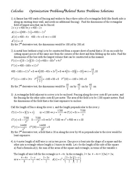 Calculus Optimization Problems Solutions