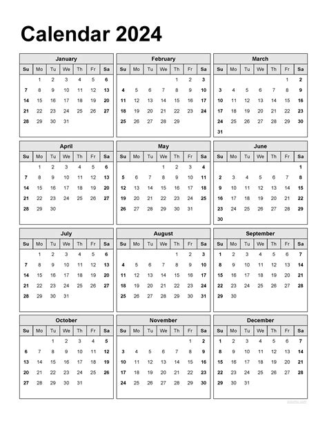 Calendar 2024 One Page