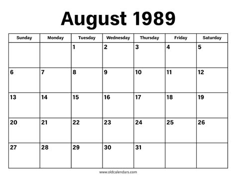 Calendar August 1989 Printable Old Calendars