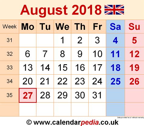 Calendar August 2018 UK, Bank Holidays, Excel/PDF/Word Templates