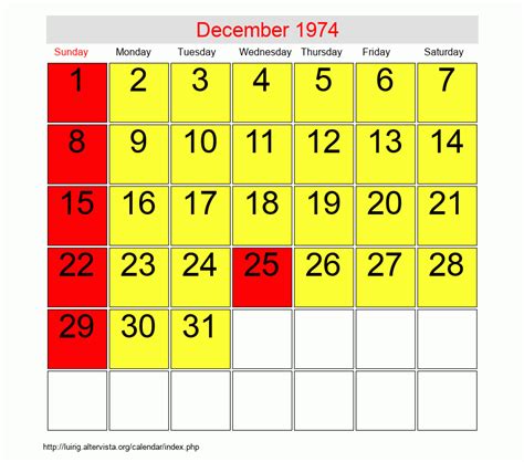 Calendar December 1974