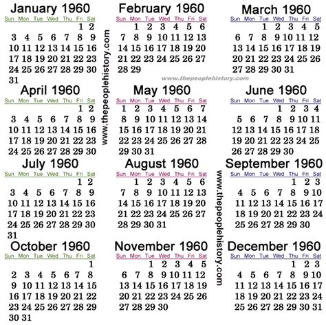 Calendar For 1960