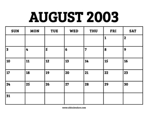 Calendar For August 2003