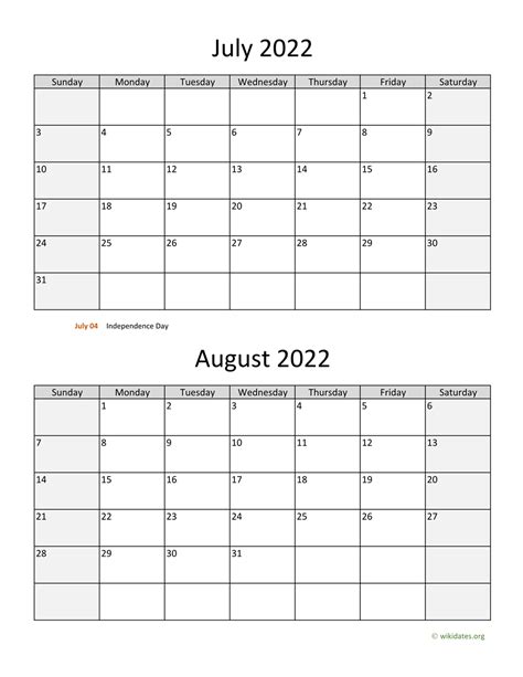 Calendar For July And August 2022 Word, PDF