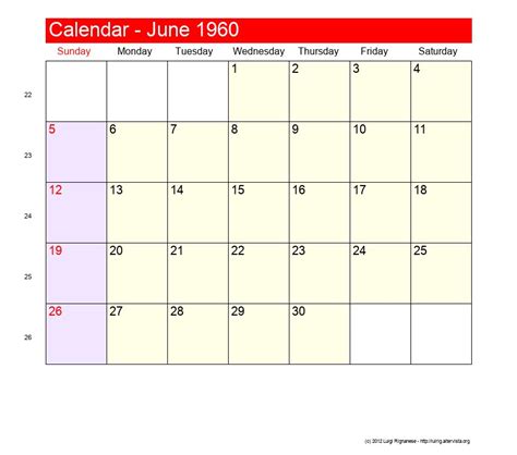 Calendar For June 1960