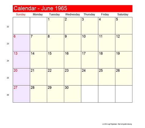 Calendar For June 1965