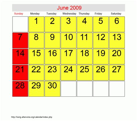 Calendar For June Of 2009