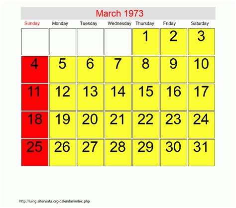 Calendar For March 1973