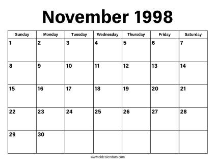Calendar For November 1998