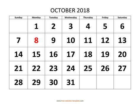 Calendar For Oct 2018