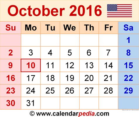 Calendar For October 2016