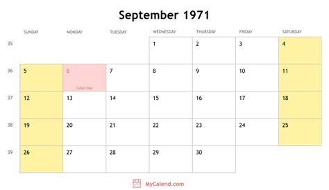 Calendar For September 1971