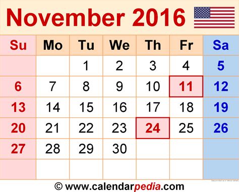 Calendar For The Month Of November 2016