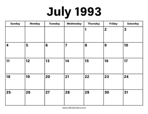 Calendar July 1993 Printable Old Calendars