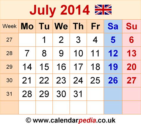 Calendar July 2014 UK with Excel, Word and PDF templates