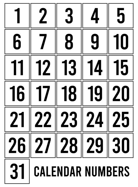 Calendar Numbers Free Printable