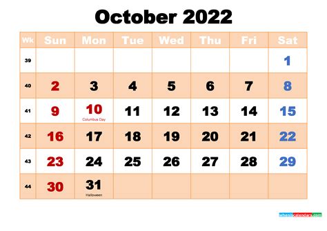 Calendar October 2022 Editable