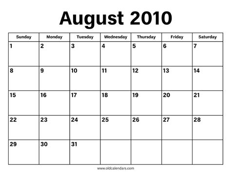 Calendar Of August 2010