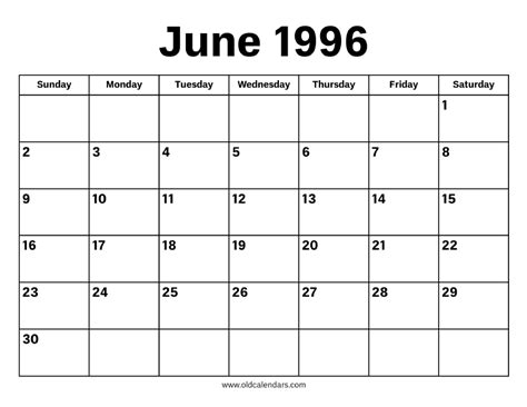 Calendar Of June 1996