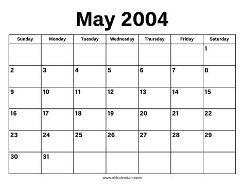 Calendar Of May 2004