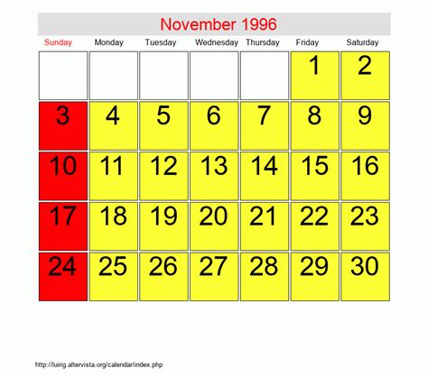Calendar Of November 1996
