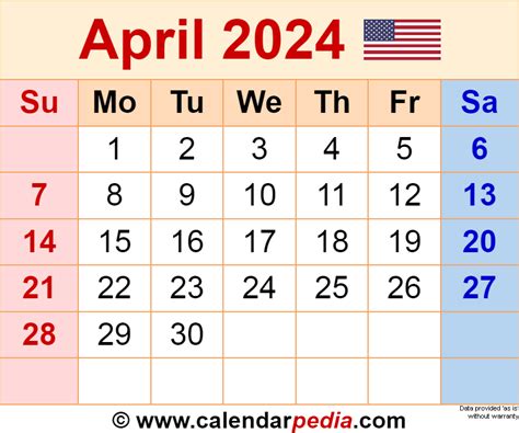 Calendar Of The Month Of Apri