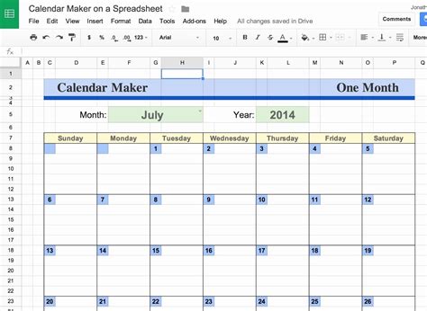 Calendar On Google Sheets