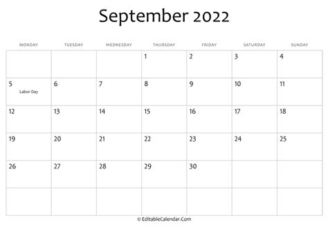 Calendar September 2022 Editable