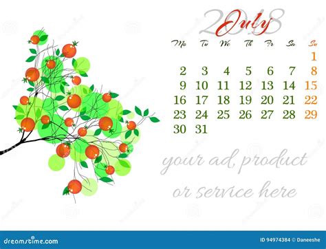 Calendar Sheet for 2018 July with Tree Branch Stock Vector