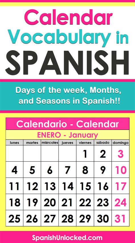 Calendar in Spanish Days and Months Spanish Unlocked Learning