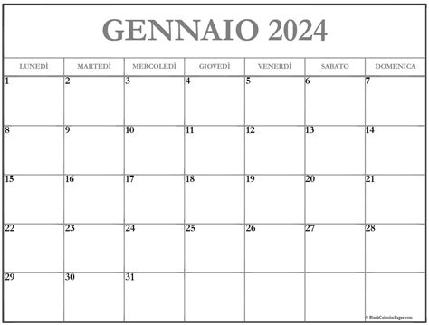 Calendario Gennaio 2024 da stampare - calendariando.it