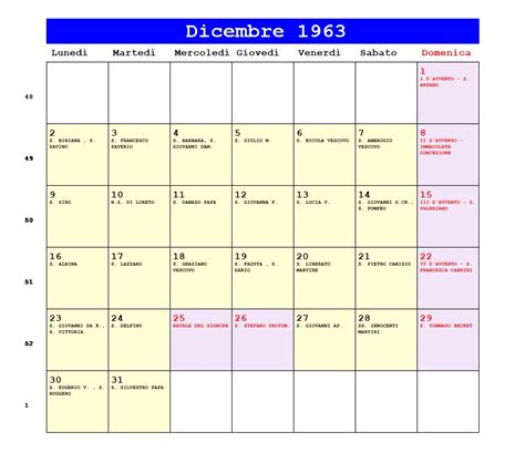 Calendario di Dicembre 1963 Avvento,