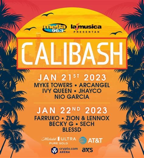 Calibash 2023 performers. January 21 - Ozuna, Chencho Corleone, Myke Towers, Arcangel, Ivy Queen, Jhayco, Nio Garcia & BRESH 