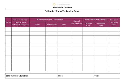 Calibration Status Verification Report format Excel PDF Sample