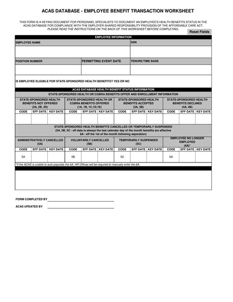 California Acas Database Employee Benefit Transaction Worksheet for
