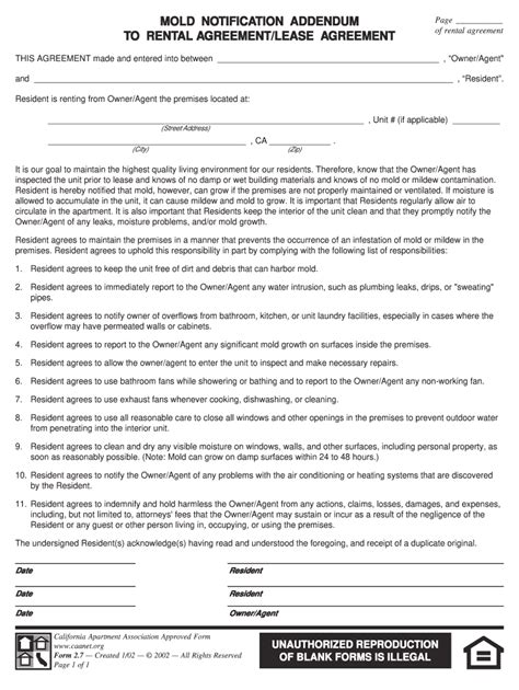 California Mold Disclosure Form Fill Out and Sign Printable PDF