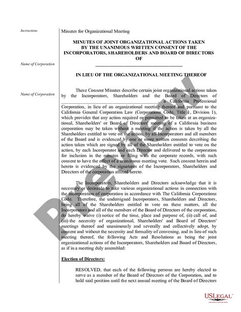 California Organizational Minutes for a Professional Corporation