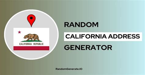 Random California Address Generator. Welcome to our Random California Address Generator, your go-to tool for creating fictional addresses in California. Whether you need data for testing or inspiration for writing, our generator provides fake addresses in CA. Generate Address..
