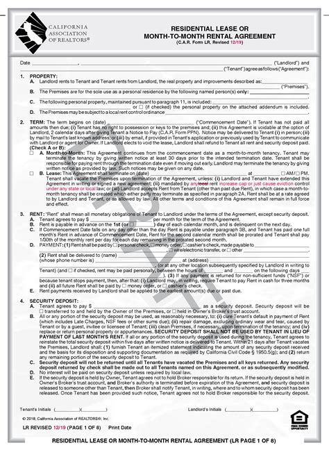 California association of realtors residential lease agreement. Create Document. Updated October 11, 2023. A California month-to-month lease agreement is a short-term rental contract that can be canceled by either the landlord or tenant. If the tenant has been on the property for one (1) year or less, the notice for termination shall be a minimum of thirty (30) days, if more than one (1) year, sixty (60) days. 