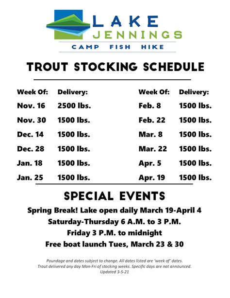 The trout planting schedule can be found on the Department of Fish and Wildlife's website. The schedule notes the anticipated week of a trout plant. More specific dates are not …. 