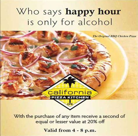California pizza kitchen happy hour. March 14, 2024. by Matt Arnold. California Pizza Kitchen has Thank You Envelopes with prizes like free meals, plus a Happy Hour with a mini 7-inch pizza and draft beer of your choice for $6. Thank You Envelope Prizes … 