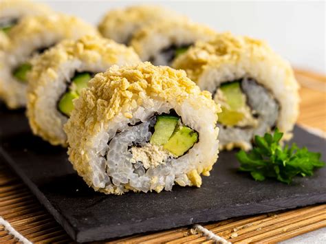 California rolls. Add thin slices of cucumber and avocado. Roll away from you, using the bamboo mat to help make the roll tight. Once rolled, slice into 6 or 8 bite-sized pieces and enjoy! If you want to make this sushi without fish, simply omit the surimi and add in something you like such as chicken, cream cheese, tofu or carrots. 