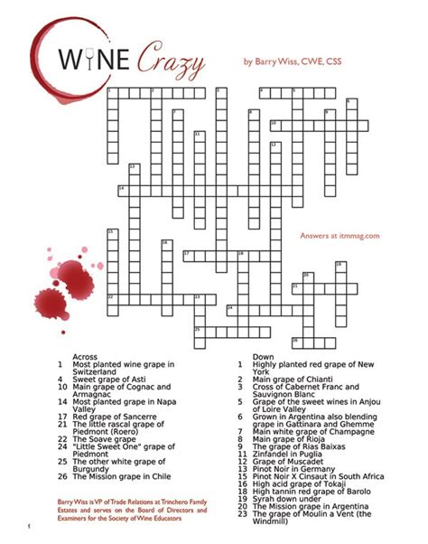 We found one answer for the crossword clue Wine city.A further 19 clues may be related.. If you haven't solved the crossword clue Wine city yet try to search our Crossword Dictionary by entering the letters you already know! (Enter a dot for each missing letters, e.g. "P.ZZ.." will find "PUZZLE".).