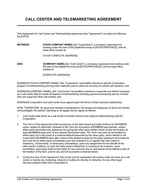 Call Centre Agreement Template