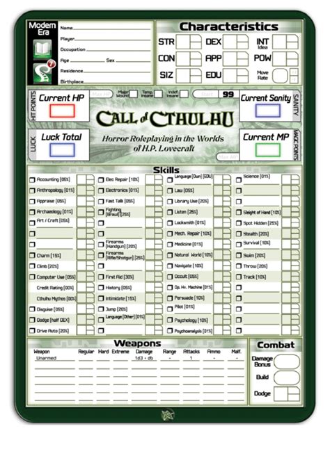 Call Of Cthulhu 2nd Edition Form Fillable Character Sheet Printable