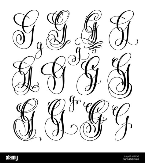 Calligraphy Lettering Script Font G Set, Hand Written Stock Vector