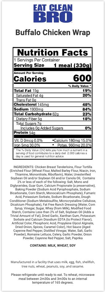 Calories in Clean Eatz Buffalo Chicken Wrap and Nutrition Facts - FatSecret