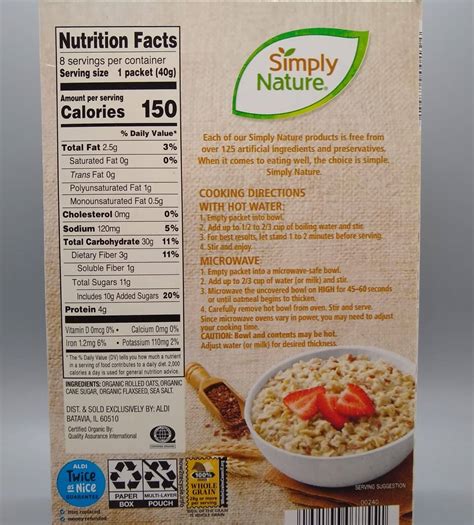 Calories in Simply Nature Instant Oatmeal, Oats and Flax