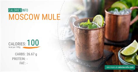 Calories in moscow mule. There are 96 calories in 100 grams of Moscow Mule.: Calorie breakdown: 0% fat, 99% carbs, 1% protein. 